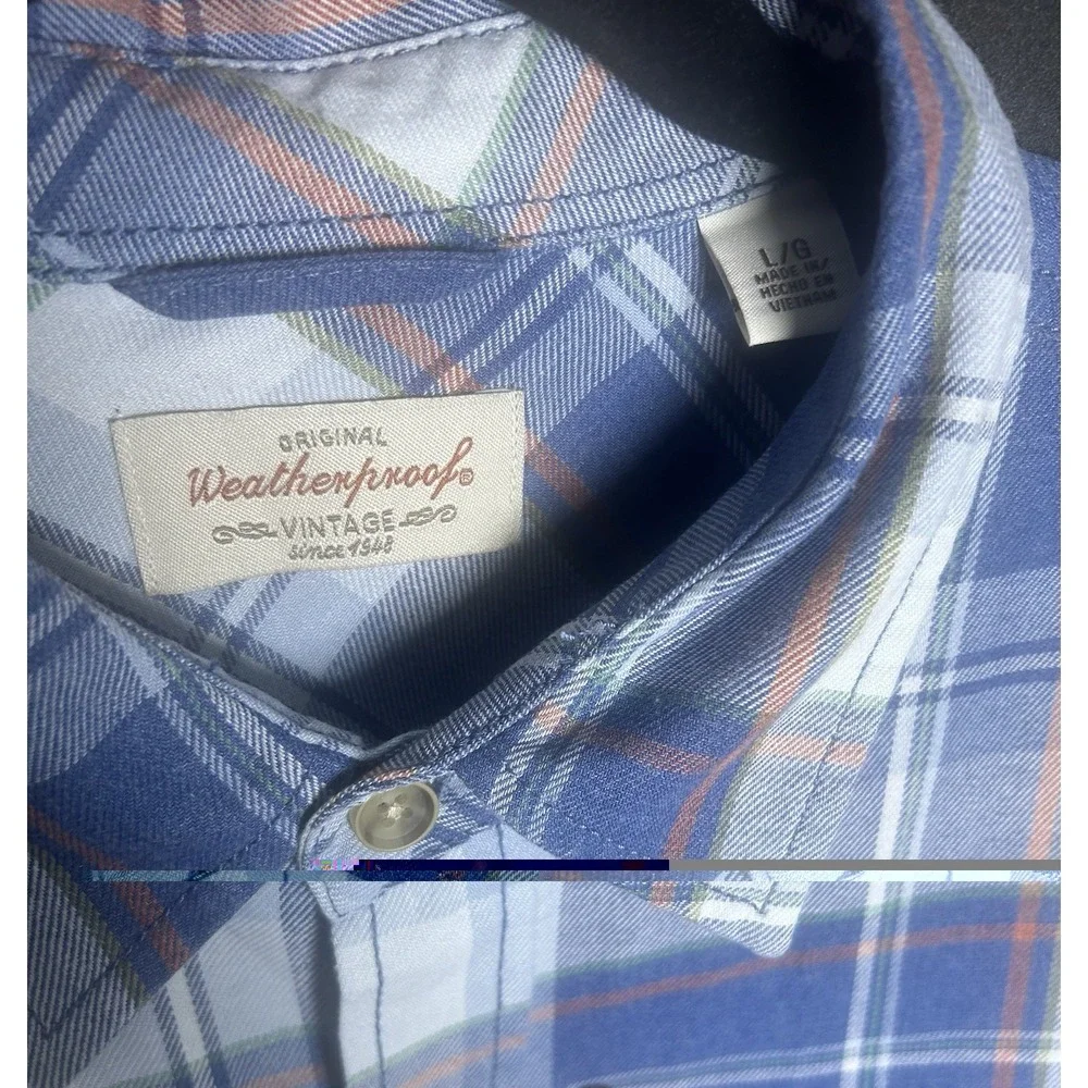 Original Weatherproof Vintage Mens Blue Plaid Flannel Shirt Long Sleeve, Large